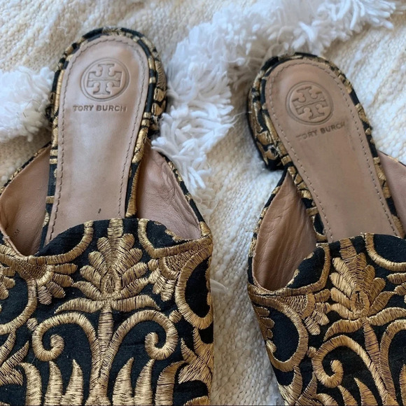 Tory Burch Gold Embroidered Mules - Picture 2 of 6